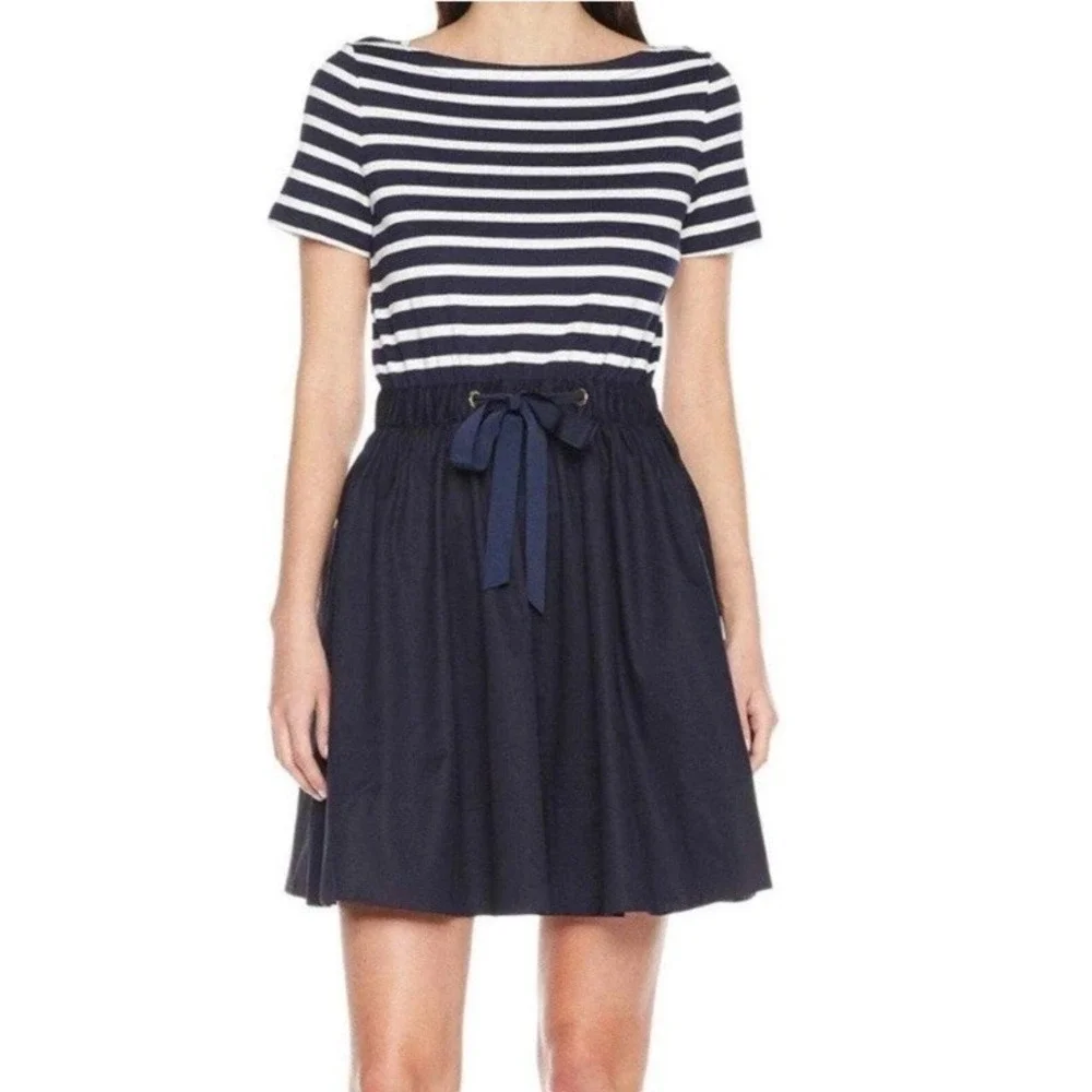 Kate Spade Broome Street Stripe Knit Mixed Media Dress Size XL Navy & White